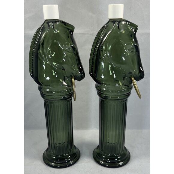 AVON Pony Post Decanter, Leather After Shave Lotion Glass Bottle, Green Lot Of 2 - Picture 5 of 13